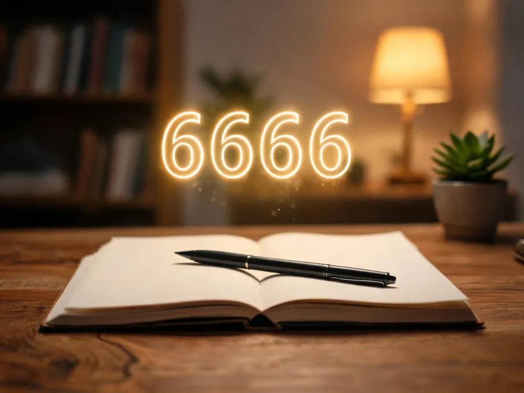 Złocista liczba 6666 unosząca się nad notesem na biurku, w ciepłej, mistycznej atmosferze sprzyjającej refleksji numerologicznej.