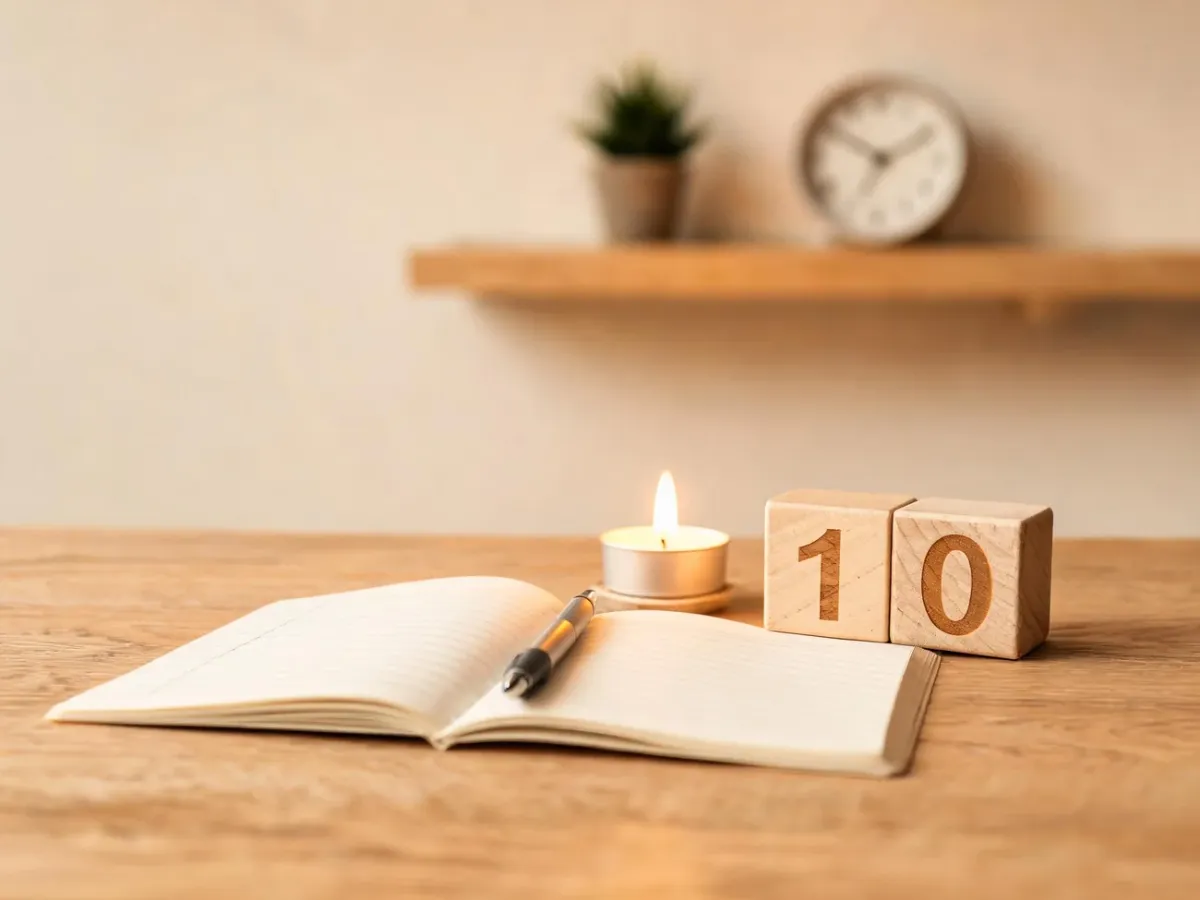 Przytulne biurko z świecą i kartą z numerem 10, symbolizujące energię i znaczenie liczby 10 w numerologii.
