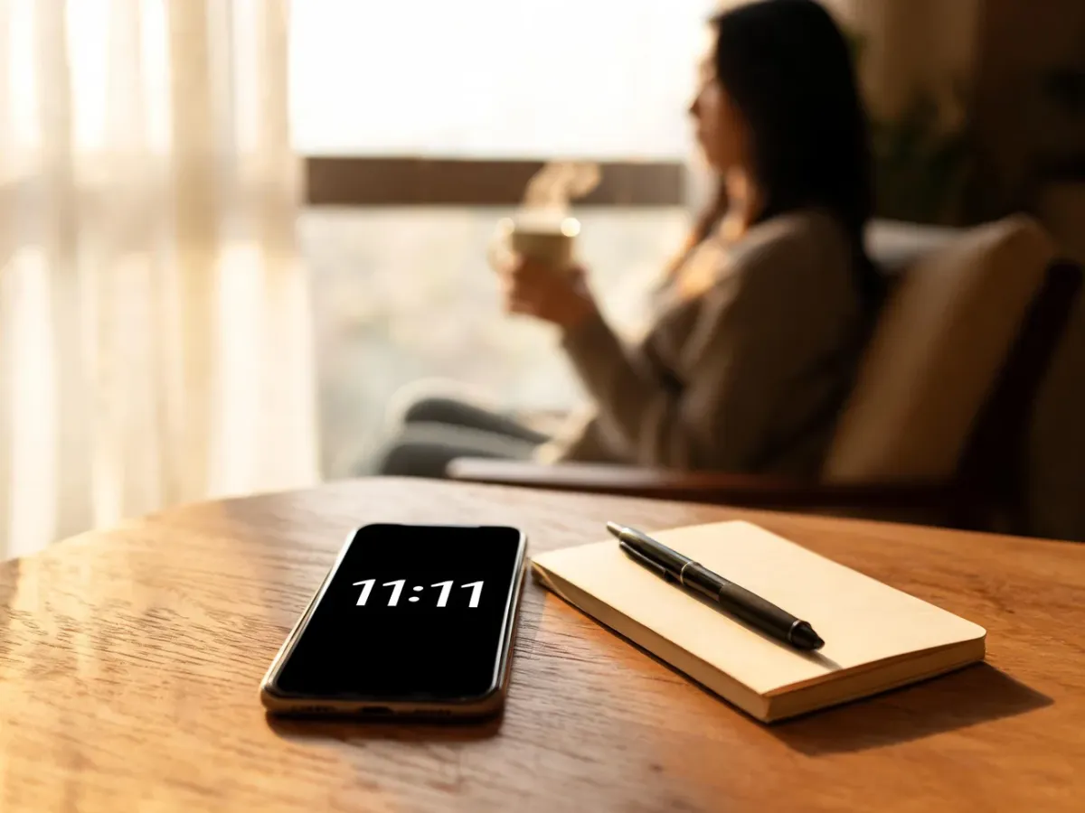 Smartfon z godziną 11:11 na ekranie, obok notesu i długopisu, w ciepłej, refleksyjnej atmosferze przy oknie