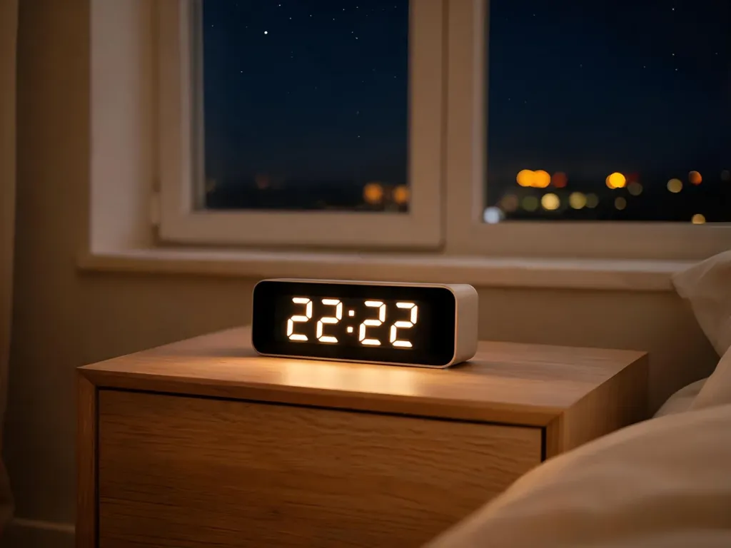 Cyfrowy zegar na szafce nocnej pokazujący 22:22, przytulna sypialnia nocą, tajemnicza i spokojna atmosfera.