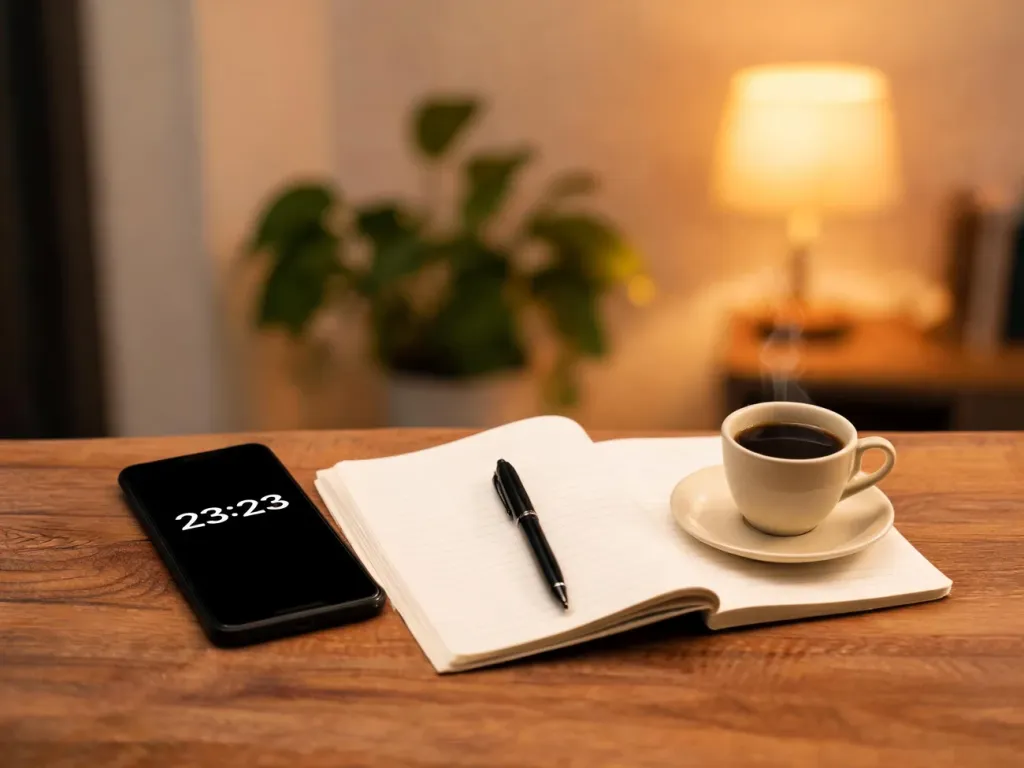 Smartfon z godziną 23:23 na ekranie, obok notes i kawa, wieczorna, refleksyjna atmosfera w przytulnym wnętrzu.