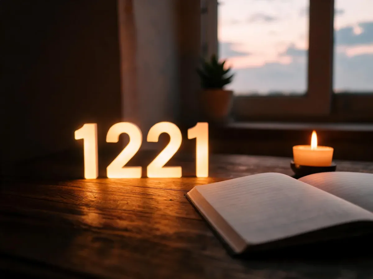 Świecąca liczba 1221 na drewnianym stole obok notesu i świecy, w ciepłej, przytulnej atmosferze sprzyjającej refleksji.
