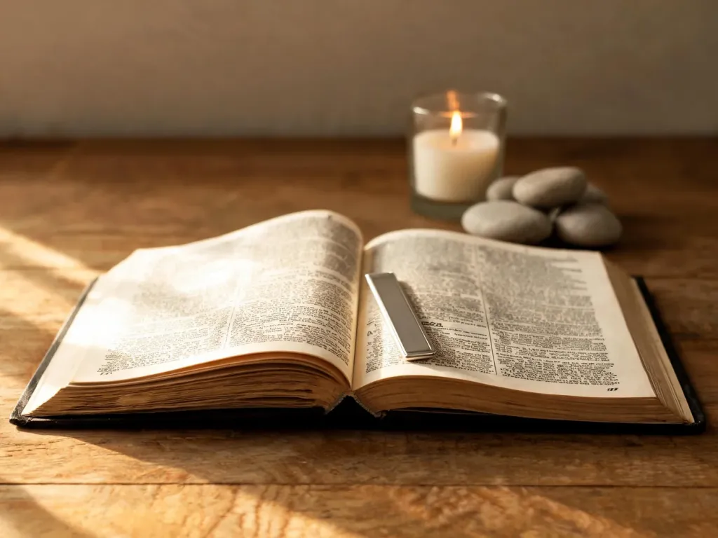 Otwarta Biblia na drewnianym stole, świeca i kamienie w tle, nastrój duchowej refleksji nad znaczeniem liczby 666.
