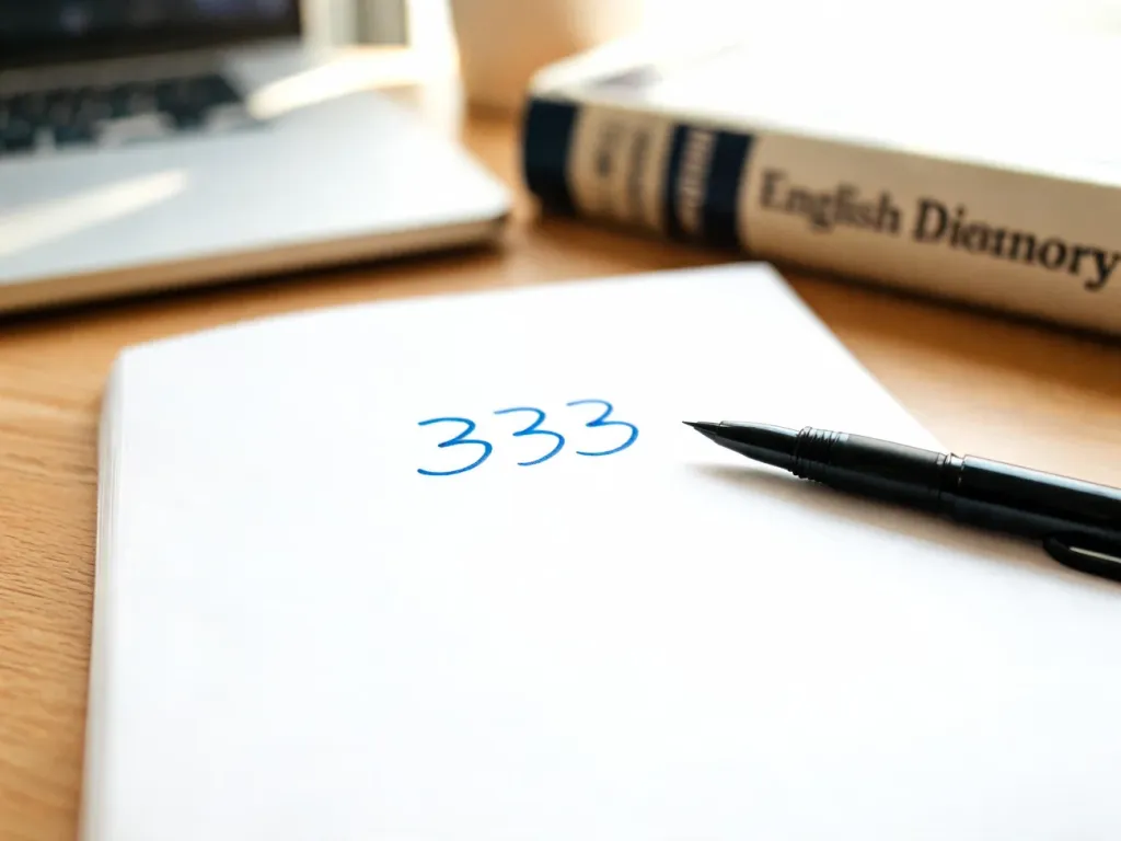 Numer 333 zapisany długopisem w zeszycie na biurku, w tle laptop i słownik angielski, nauka zapisu i wymowy liczby