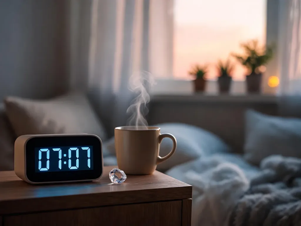 Przytulna sypialnia o 07:07, zegar, kubek i kryształ podkreślają spokojną, anielską energię poranka.