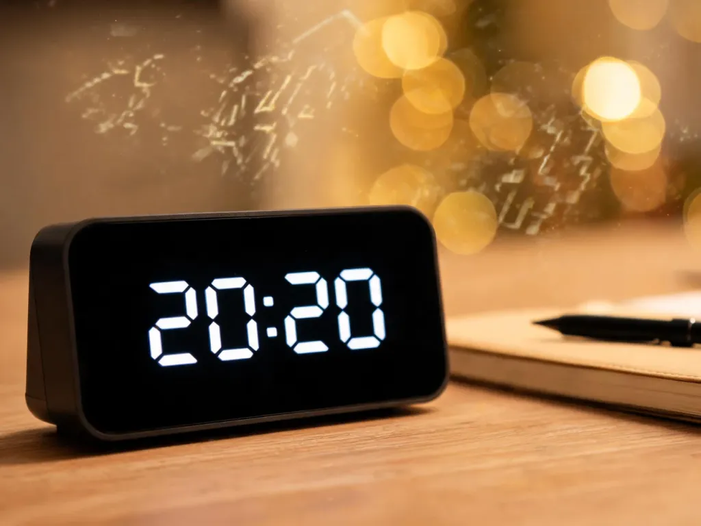 Zegar cyfrowy wskazujący godzinę 20:20 na biurku, ciepłe światło i subtelne nawiązanie do energii liczb w numerologii.