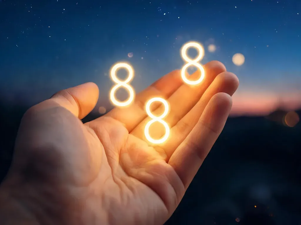 Dłoń trzyma trzy świecące złotym blaskiem ósemki na tle nocnego nieba, symbolizujące obfitość, harmonię i anielskie wsparcie.