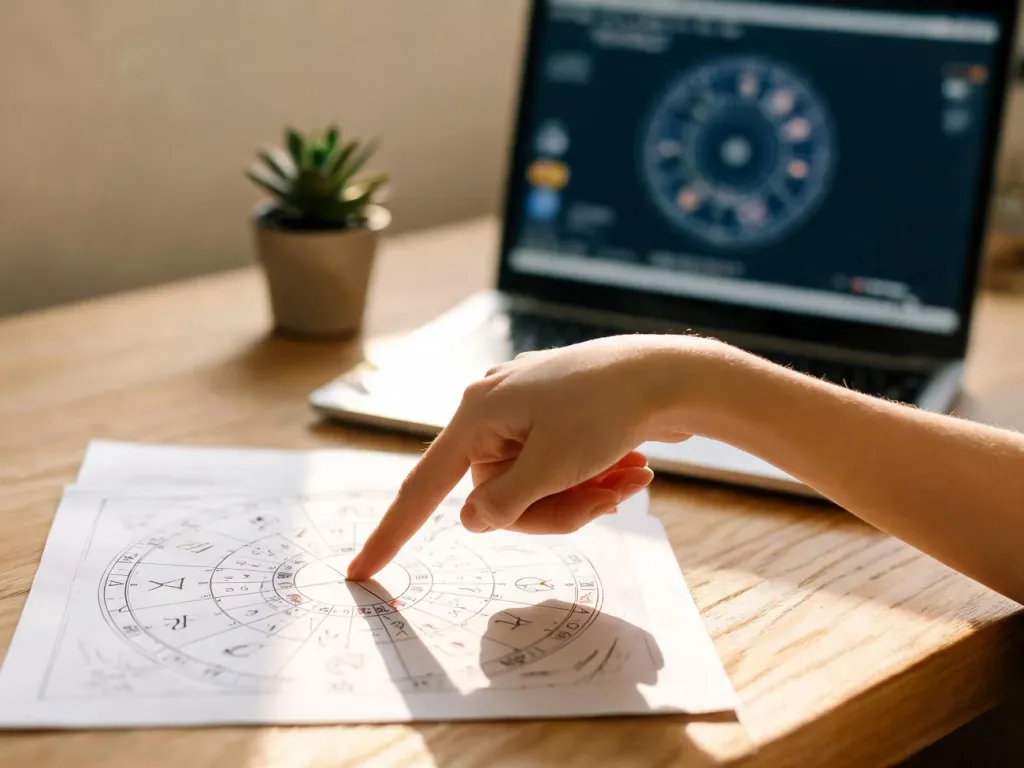 Dłoń wskazuje ascendent na kole horoskopu urodzeniowego na biurku, w tle laptop z programem astrologicznym.