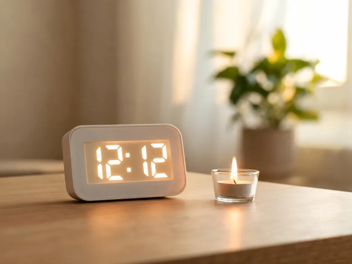 Cyfrowy zegar pokazujący godzinę 12:12 na minimalistycznym biurku, tworzący spokojną, duchową atmosferę